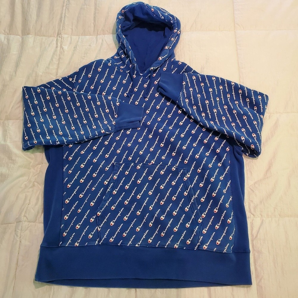 Champion Men’s Hoodie Long Sleeve Sweatshirt Men’s Size 2XL Blue w/ allover logo